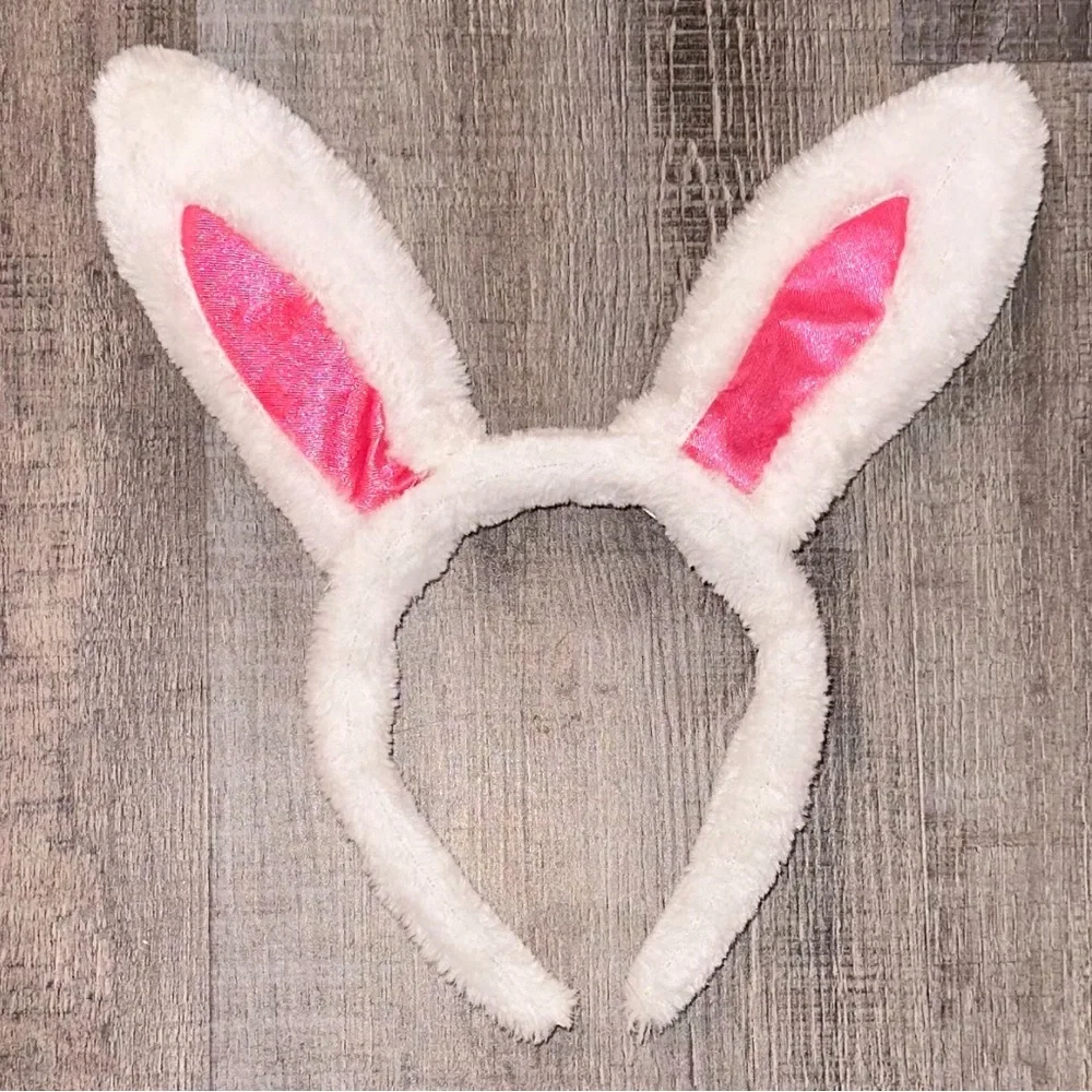 💞 White & Pink Plush Bunny Ears Head Band